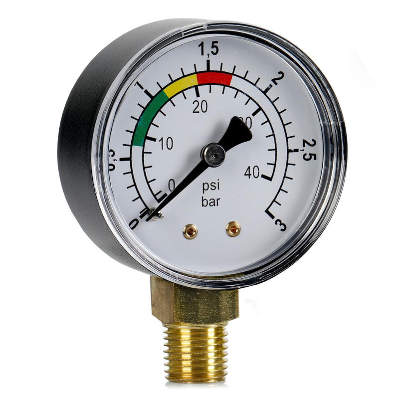 Pressure Gauge 0-3 Bar for Water, 1/4 Inch Connection, Precise Pressure Gauge for Pool Sand Filter System and Fish Pond, Water Pressure Gauge with Color Scale, Robust and Easy to Read