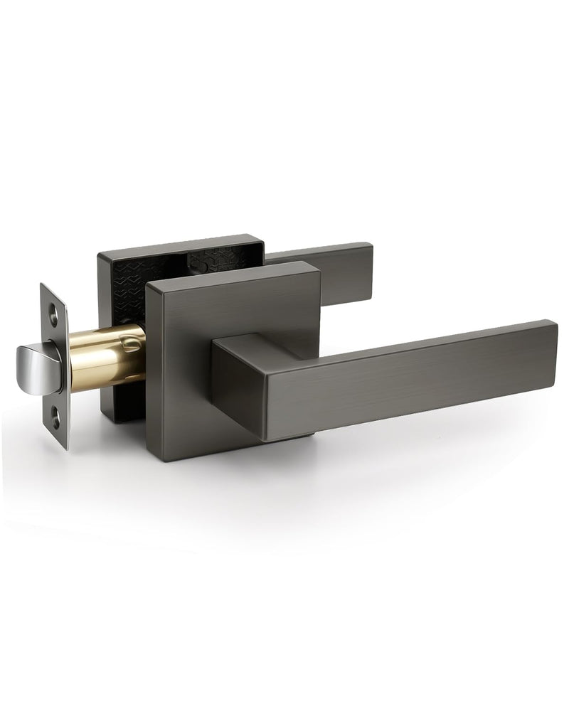 KNOBWELL 1 Pack Gunmetal Black Door Handle Brushed Black Nickel Square Doorknob with Lever Interior Door Lever for Closet Hallway Gunmental Black Passage(No Lock)