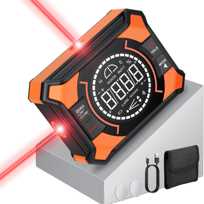 Rechargeable Digital Angle Finder with Laser and Magnetic Base, 4×90° & 2×180° Electronic Inclinometer Protractor Level Gauge for for Woodwork, Miter Saw, Hanging Frames Vertical Laser
