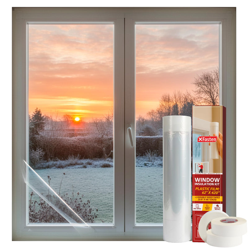 XFasten Window Insulation Kit for Winter, Pre-Taped 62" x 420" 0.75 mil Clear Window Plastic for Winterizing Kit, Heavy-Duty Insulation Film Cover for Drafts - Includes 3 Rolls Clear Double-Sided Tape