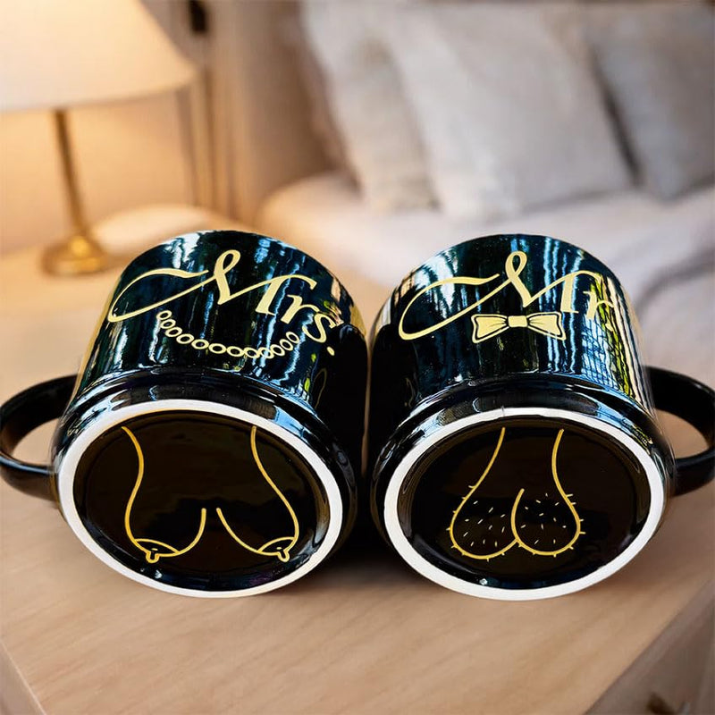 Mr and Mrs Mug Set, Mr Mrs Wedding Gift for Couples, 17 Oz Funny Couple Coffee Mug with Hidden Bottom Design, Newlywed Gift, Bride Groom Present, Anniversary Engagement Gift, His and Hers Mug Mr Mrs Mug