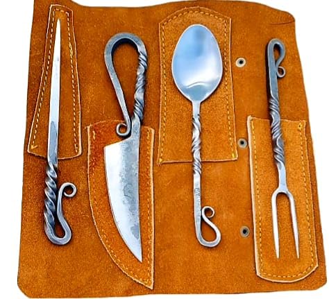 Hand Forged Medieval Cutlery Set - Viking Silverware Set with Leather Cover