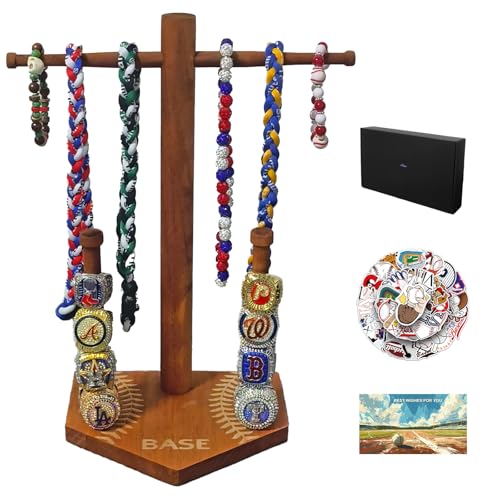 Wooden Baseball Drip Necklace Display Holder, Championship Rings Display Organizer (for ring size 9 or larger), Bonus 50Pcs Baseball Stickers, Greeting Card and Gift Box Wood Classic
