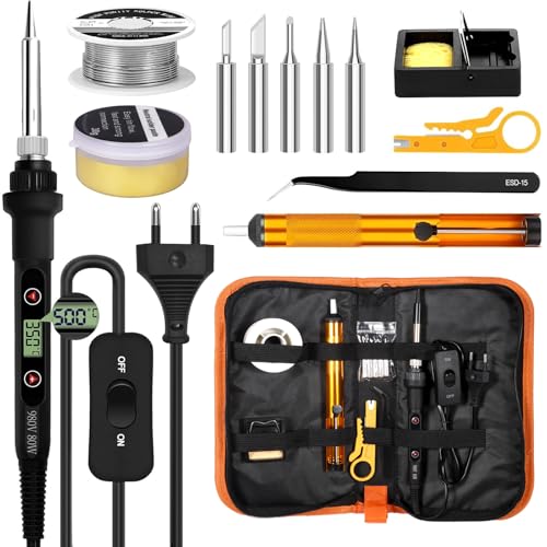 80 W Soldering Iron Set with LCD Temperature Display, 7s Fast Heating & Adjustable 180-500 °C, Complete Set with Soldering Stand, 50 g Soldering Wire, Desoldering Pump, 5 Tips & Accessories, Electronic Repair