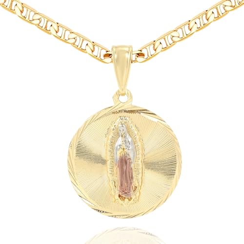 J&H DiaJuvelo Virgin Mary Necklace for Women 14K Gold Plated Cadena de la Virgen de Guadalupe Necklaces Saint Cubic Zirconia Pendant Catholic Jewelry for Women Charm Gifts Gold-Round Disc 18 inches