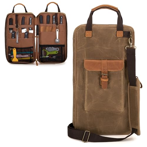 Damero Chef Knife Bag, Waxed Canvas Chef Bag with 11 Slots & 2 Mesh Pockets