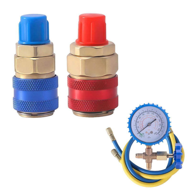Adapter for R134A Refrigerant, 1/4 Inch AC High Pressure and Low Pressure SAE, Universal Quick Coupling Adapter Made of Robust Brass for Air Conditioning and Cooling Systems, Corrosion Resistant and
