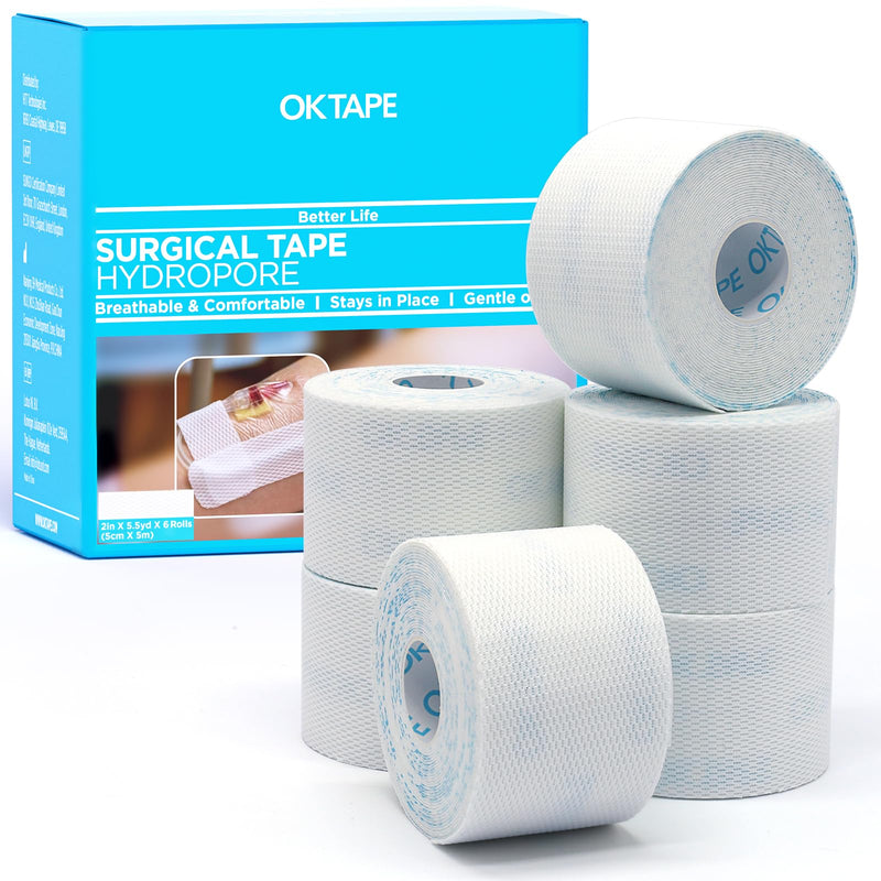 OK TAPE Hypoallergenic Surgical Tape 2 inch x 5.5yd |6 Rolls,Dry Medical Tape for Skin, Tube, Dressings, Wound First Aid Tape 2in x 5.5yd