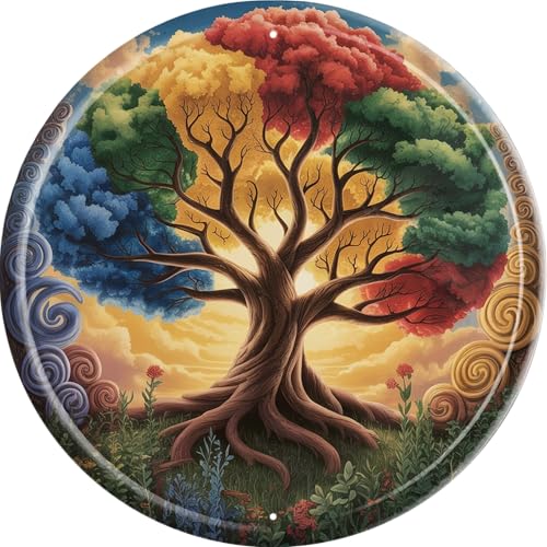 AWISZZZ Tree of Life Metal Sign 8x8in Round Boho Plaque for Bedroom Wall Decor Spiritual Nature Gift