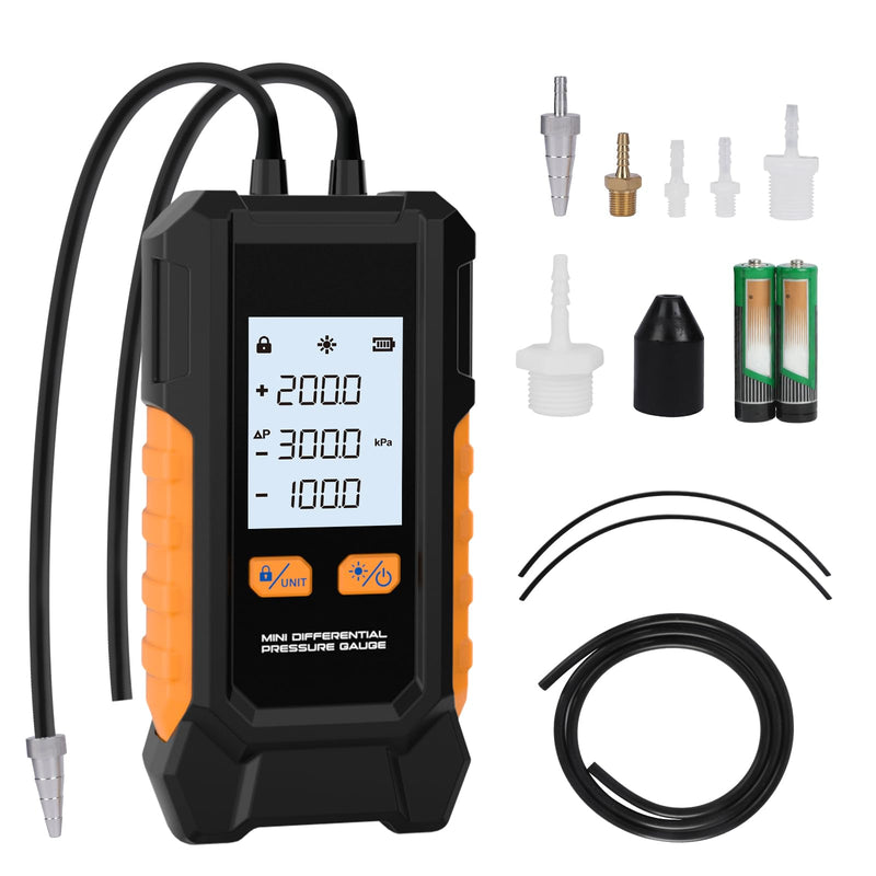 Manometer Gas Pressure Tester -101 to 200KPa Digital Manometers Dual-Port Gas Manometers HVAC with Auto Calibration, Backlight LCD Display, Data Hold Air Pressure Meter Small-PT503