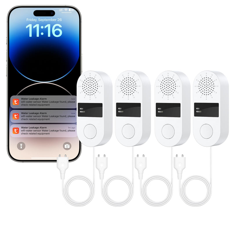 WiFi Water Leak Detector 4 Pack - Smart Water Leak Sensors with Tuya App Alerts, 130dB Loud Siren, 39" Extended Probe, Battery Powered, No Hub Required for Kitchen Bathroom Basement Laundry Room 4-Pack
