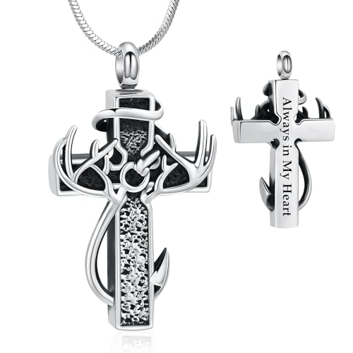 shajwo Deer Antler Cross Urn Necklace for Ashes Silver with Black
