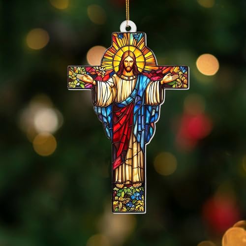 Stained Glass Jesus Cross Car Hanging Ornament – Acrylic Rearview Mirror Charm, Christian Cross Sun Catcher for Car or Home, Inspirational Religious Gift for Men & Women(Sun-29) Sun-29