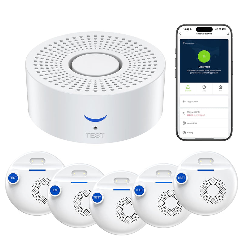 Nuleto WiFi Water Leak Detector 1s,Water Detectors & Alarms,Water Leak Sensor with SMS,Phone Call,APP Push,492ft for Home,Basement,Kitchen,5 Pack,2.4G WiFi Only 1 gateway + 5 sensor