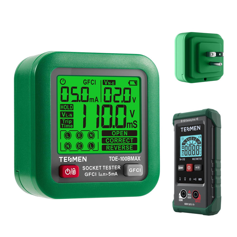 [Australia - AusPower] - TESMEN TOE-100BMAX GFCI Outlet Tester & TM-510 Smart Digital Multimeter Bundle, Essential Toolkit for Receptacle Test, GFCI Trip Time, Voltage Detection, NCV, Continuity and Resistance Measurement 
