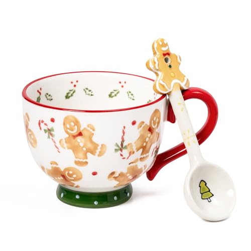 Christmas Ceramic Coffee Mug - 15 OZ Merry Christmas Gingerbread Man Coffee Cup with Spoon, Xmas Themed Tea Milk Drinking Mugs, Winter Holiday Cups Funny Gift for Women Men Children Kids Family