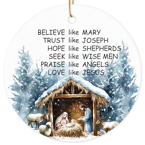 Nativity Christmas Ornament Gift for Christian Women Men, Religious Jesus Xmas Tree Hanging Ornaments 2025 with Box, Christian Ceramic Christmas Tree Hanging Decorations