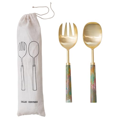 Creative Co-Op stainless steel salad servers with gold-finished handles, 2-piece set for serving salads elegantly.