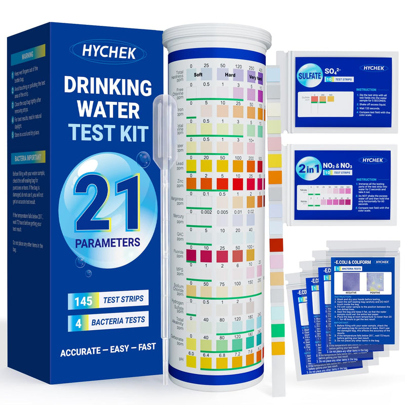 [Australia - AusPower] - 21 in 1 Drinking Water Testing Kit, 145 Strips + 4 Bacteria Tests, Well and Home Tap Water Test Kit, Accurate Test Strips for Lead, Fluoride, Chlorine, Hardness, pH, Iron, Copper, and More 