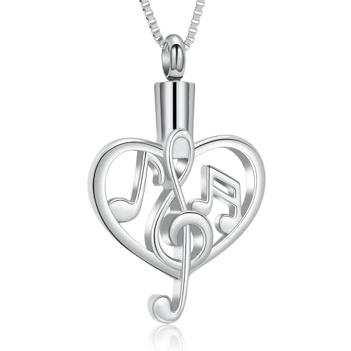 XSMZB Music Note Cremation Urn Necklace for Ashes of Loved One Heart Memorial Locket Hold Ashes Keepsake Pendant for Women Men Silver