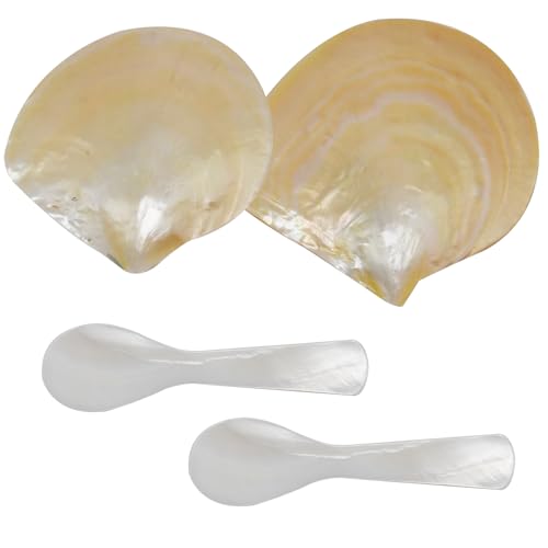 4 Pcs Natural Shell Plate Set, Includes 2 Gold Mother of Pearl Caviar Plates with 2 Pearl Spoons, Suitable for Storing Various Small Items or Holiday Gifts
