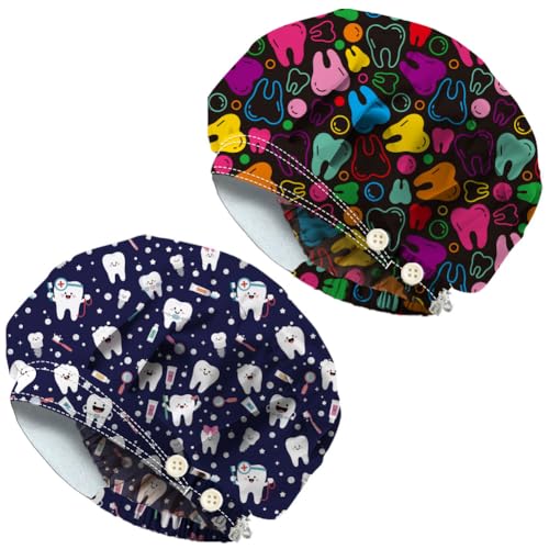 Pack of 2 Scrub Caps with Tooth Pattern, Four Press Studs, Made of Elastic Cotton, One Size, Surgical Hats, Chef's Hat, Unisex Headwear for Women, Men, Medical Care, Kitchen, Housework