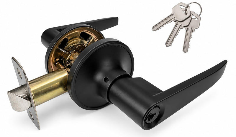 Premium Lever Keyed Entry Door Lock with 3 Keys, Universal Door Knob Hardware, Entrance or Bedroom Version, Matte Black, Zinc Alloy