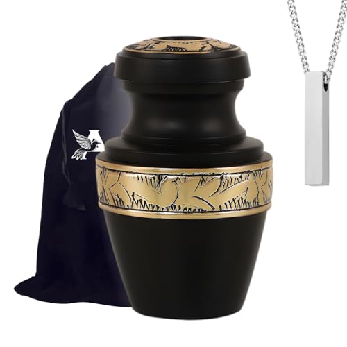 AmericUrn Black and Gold Urns for Human Ashes – Adult Female & Male Memorial Set of 2 with 1 Keepsake Urn & Necklace