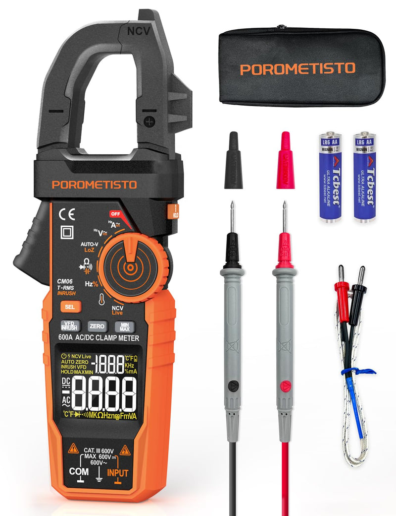 [Australia - AusPower] - Digital Inrush Clamp Meter, CM06 Clamp Multimeter, T-RMS 6000 Counts 600A Amp Meter with VFD, LOZ, Measures NCV, AC/DC Voltage Current, Continuity Capacitance Frequency Resistance 