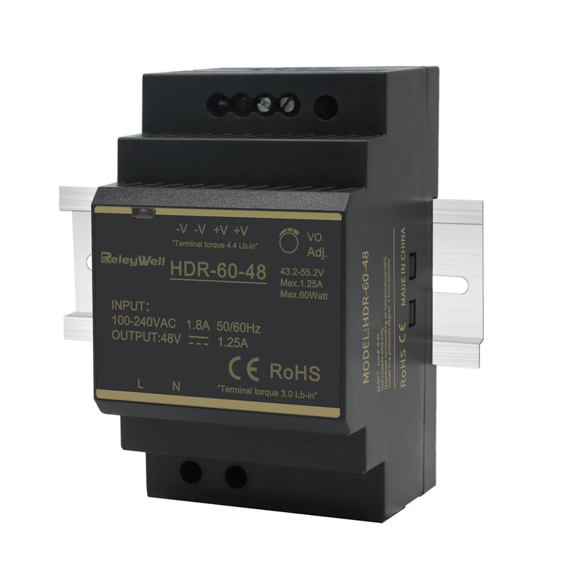 DIN Rail Power Supply HDR 48 V, 60 W, 1.25 A | Transformer 230 V to 48 V, 48 volt power supply, ReleyWell, HDR-60-48 60W,1.25A