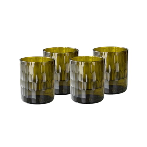 IWAS Upcycled Small Honeycomb Textured Drinking Glasses, Short, 8.45 oz / 250 ml, Set of 4 Olive Green Glasses, Handcrafted Sustainable Glassware Short 8.45 oz (Set of 4)
