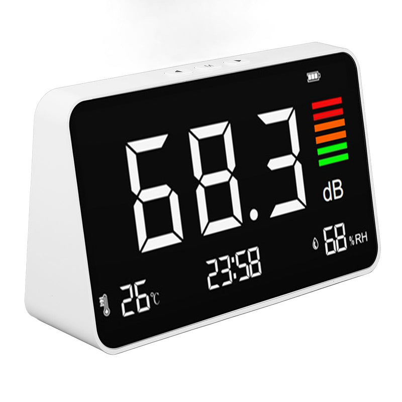 Decibel Measuring Desktop Tester with LED Display, 30 to 130 dB Sound Level Meter Display Noise, Temperature and Humidity, Noise Meter for Home, Studio, Factory