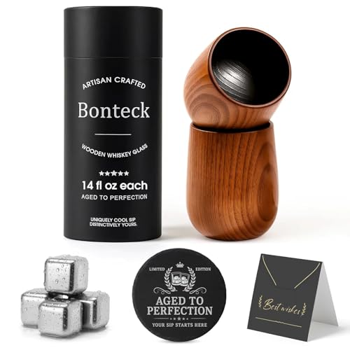 Bonteck Charred Wooden Bourbon Drinking Glass | Bourbon Gifts for Men | Large Old Fashioned Glass | 14 oz Wooden Whiskey Tumbler | Birthday Whiskey Gifts for Men, Dad or Brother (2 Pack) 2 Pack Charred