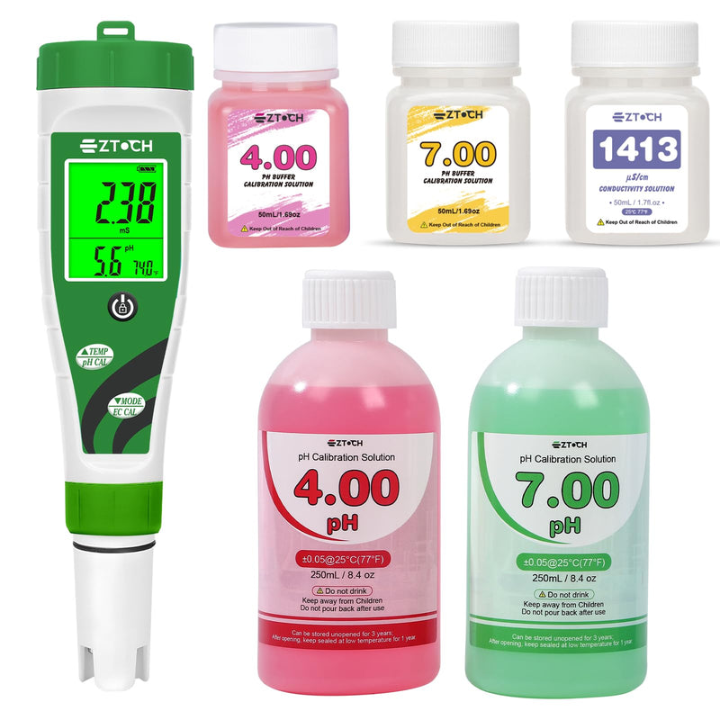 [Australia - AusPower] - pH EC TDS Meter for Water Hydroponic Nutrient with 8.4oz pH 4.00 Calibration Solution and 8.4oz pH 7.00 Calibration Solution, 4 in 1 pH Conductivity PPM Tester with Simultaneous Display 