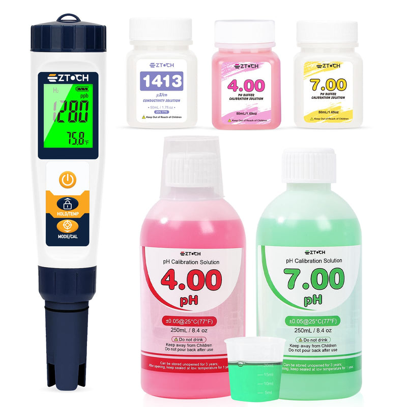 [Australia - AusPower] - 6 in 1 pH H2 EC ORP Tester and 8.4oz pH4+7 Calibration Solution, pH TDS EC ORP Drinking Water and Hydroponic Meter with 8.4oz pH 4.00 Calibration Solution and 8.4oz pH 7.00 Calibration Solution 