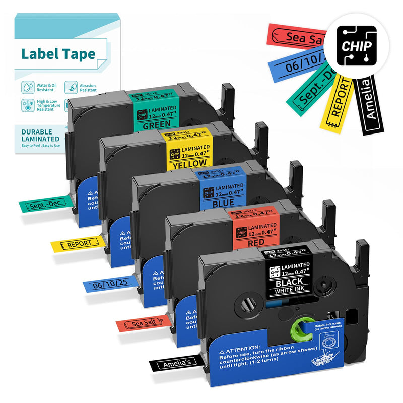 [Australia - AusPower] - Classic Color BZ Tapes for D210S H1100 E1000 Label Maker, 12mm 0.47 Laminated CHIP Label Tapes Refills, Black(3B35Z) Red(3B41Z) Blue(3B51Z) Yellow(3B61Z) Green(3B71Z), 5-Packs Classic Color 12mm x 8m (0.47" x 26.24ft.) 
