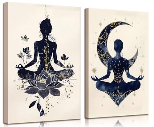 QGJQCFY 2Pcs Celestial Yoga Lotus Moon Canvas Wall Art 12"L x 16"W