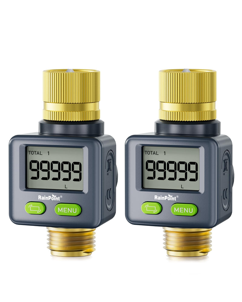 RAINPOINT Water Flow Meter with Brass Inlet & Outlet, 180° Screen-Flip Water Meter, Measure Gallon/Liter Consumption for RV Filling, Garden Watering, Sprinkler and Hoze Nozzle, 2pcs Gray
