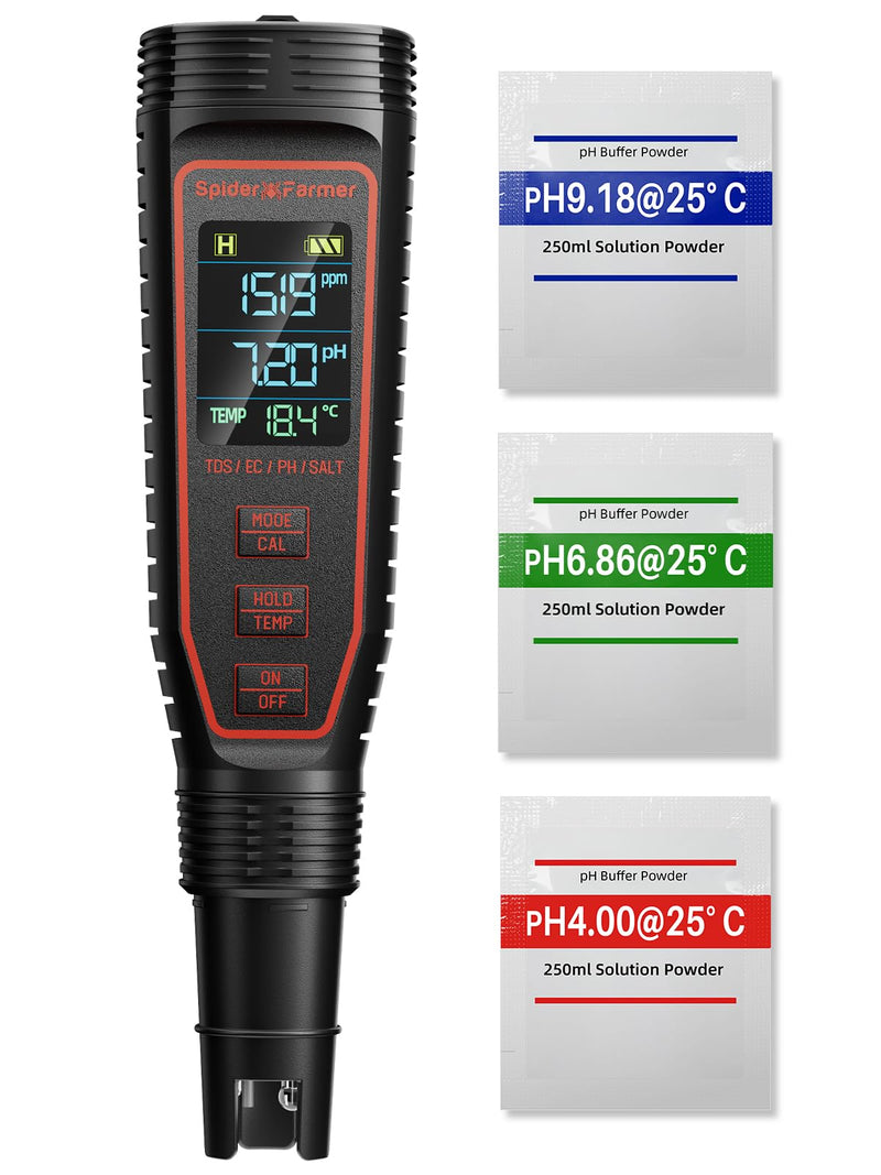 [Australia - AusPower] - Spider Farmer 5-in-1 Digital pH Meter Kit for Water, TDS EC Temperature Salinity Tester with ATC Rechargeable for Plants Hydroponics Pool Fish Tank and Aquarium (IP67 Waterproof) 