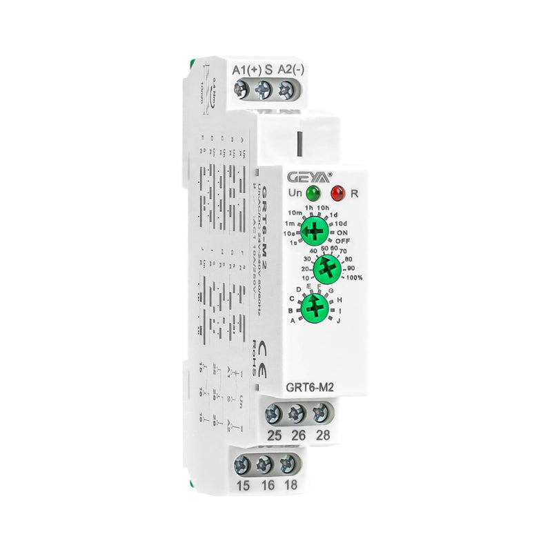 GEYA 10A MultifunctionTimer Relay 10 Funcitons Time Delay Relay 2SPDT DIN Rail 0.1s-10 Days(GRT6-M2,AC/DC24V-240V) AC/DC24V-240V Grt6-m2