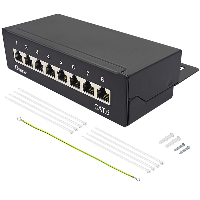 CAT6 Patch Panel 8 Port Distribution Panel Desktop & Wall Mounted Shielded 8x RJ45 Socket LSA Distribution Panel for Gigabit Network Switch 8 Port CAT6 Patch Panel
