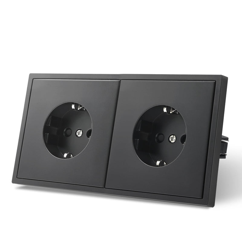 Black Socket 2-Way Flush-Mounted EU Schuko Standard Double Installation Socket Easy Installation 80 x 150 mm 3-Wire black 2 outlets