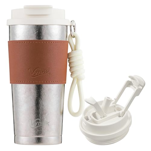 Flip Straw Travel Coffee Mug Leak Proof,Reusable Insulated Coffee Tumbler With Lid And Straw,Titanium Water Bottle Lightweight,Gift(BROWN) Brown