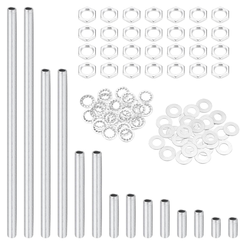 [Australia - AusPower] - MECCANIXITY 98Pcs 7 Size Lamp Pipe Nipples Kit with Hex Nuts Washers, 1/8IP Threaded Hollow Tube Repair Hardware Fasteners Assortment for Assembly Chandelier Ceiling Lamp DIY, Silver 