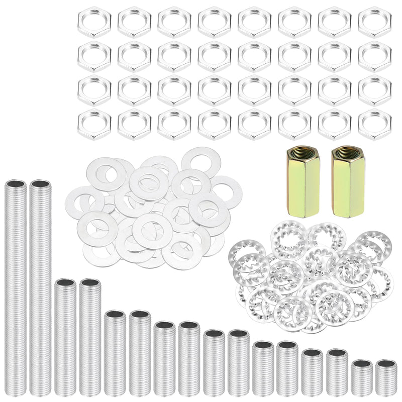 [Australia - AusPower] - MECCANIXITY 114 Pcs 8 Size Lamp Pipe Nipples Kit with Hex Nuts Washers, M10 Fine Threaded Hollow Tube Repair Hardware Fasteners Assortment for Assembly Chandelier Ceiling Lamp DIY, Silver 