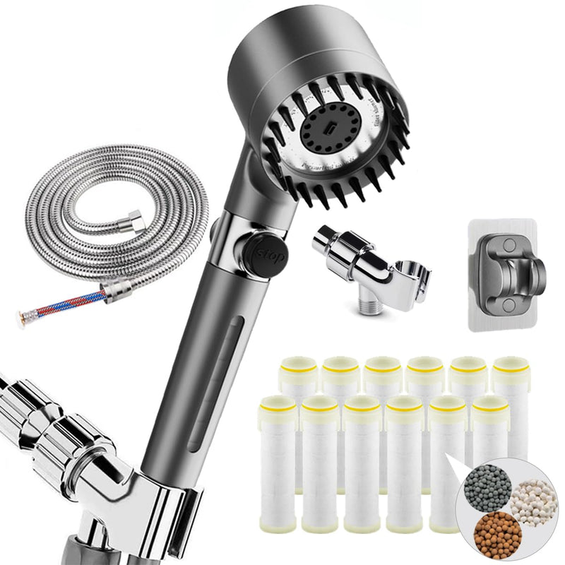 Filtered Shower Head with Handheld - High Pressure 3 Spray Modes Showerhead with Filters, 12 Replaceable Water Softener Filters for Hard Water | Ion Shower Head with 75" Anti-Burst Hose Gray