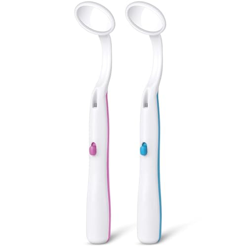 ACWOO Mouth Mirror with LED Light, Pack of 2 Oral Dental Mirror, Dental Mirror with Anti-Fog Coating, Mouth Tooth Inspection Mirror, Dental Care Mirror for Dental Care (Blue + Pink) Blue + Pink