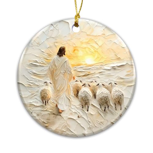 Jesus Leads Lost Lambs Ornament 2025 - Christianity Good Shepherd - Christian Christmas Ornament for Tree - Religious Gifts for Women & Men - Christian Religious Ceramic Ornament