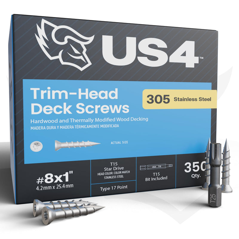 US4 - #8 x 1 - Trim Head T15 Star Drive Stainless Steel Wood Screws | 305 Stainless Steel | | Rust & Corrosion-Resistant | Outdoor Decking Screws (350, #8 x 1) 350 #8 x 1"
