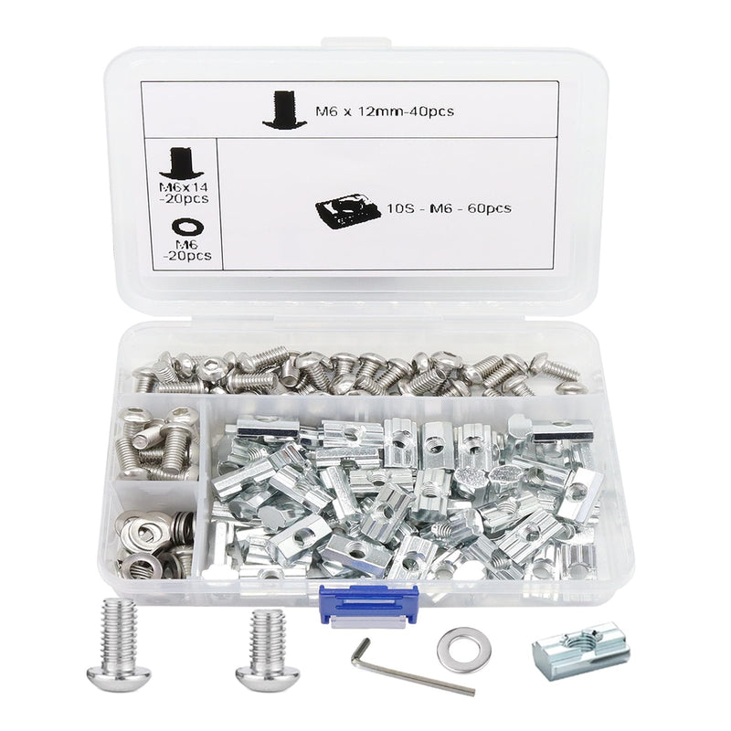 [Australia - AusPower] - 140Pcs 1010 Aluminum Extrusion M6 Hardware T Slot Nut and Bolt Screw, 40Pcs M6x12, 20Pcs M6x14 and Washers, 60Pcs 10 Series Extruded T Slide Nut for 1010 1020 2525 Extrusion Accessories 